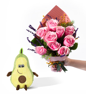 Somon Bukette 9 Pembe Gül ve Avokado Yastık