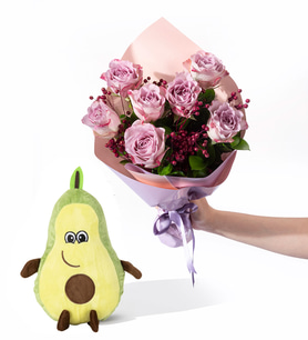 Lila Pembe Bukette 7 Lila Gül ve Avokado Yastık